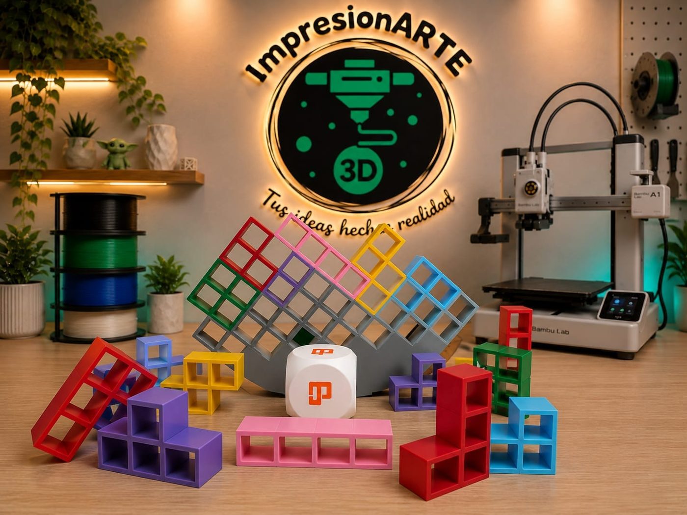 Juego Tetris Balance con piezas de colores, junto a la impresora 3D y el logo de ImpresionARTE